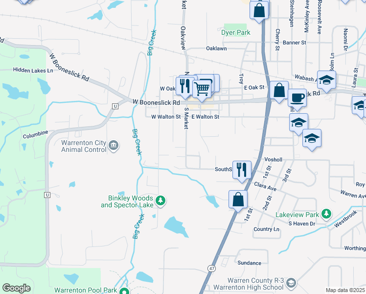 map of restaurants, bars, coffee shops, grocery stores, and more near 301-305 North Market Street in Warrenton