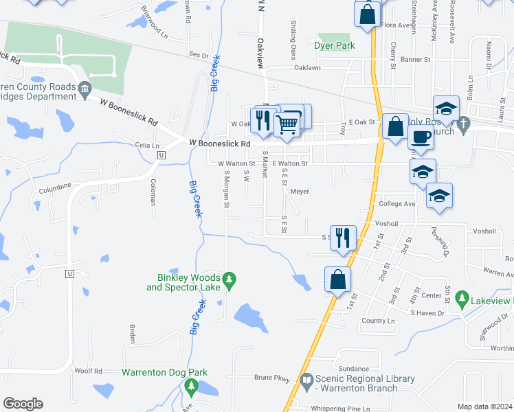 map of restaurants, bars, coffee shops, grocery stores, and more near 301-305 North Market Street in Warrenton