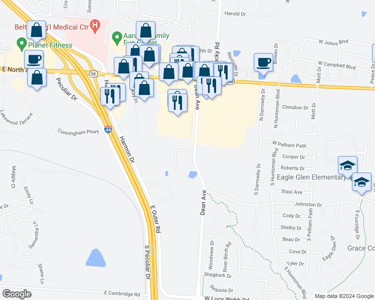 map of restaurants, bars, coffee shops, grocery stores, and more near 123 Barberry Lane in Raymore