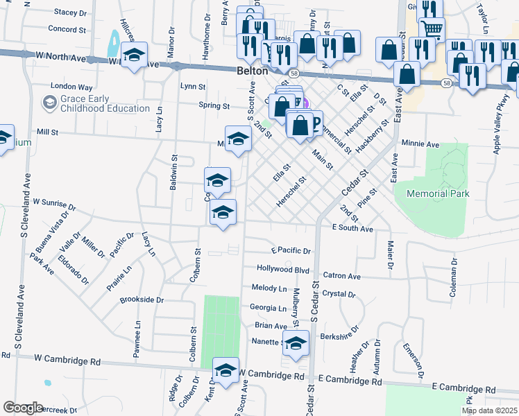 map of restaurants, bars, coffee shops, grocery stores, and more near 514 5th Street in Belton