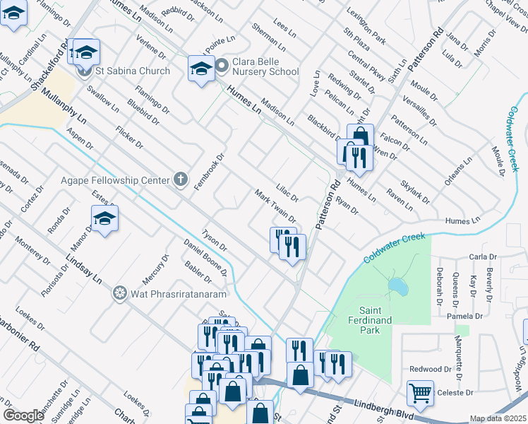 map of restaurants, bars, coffee shops, grocery stores, and more near 1720 Crowder Dr in Florissant