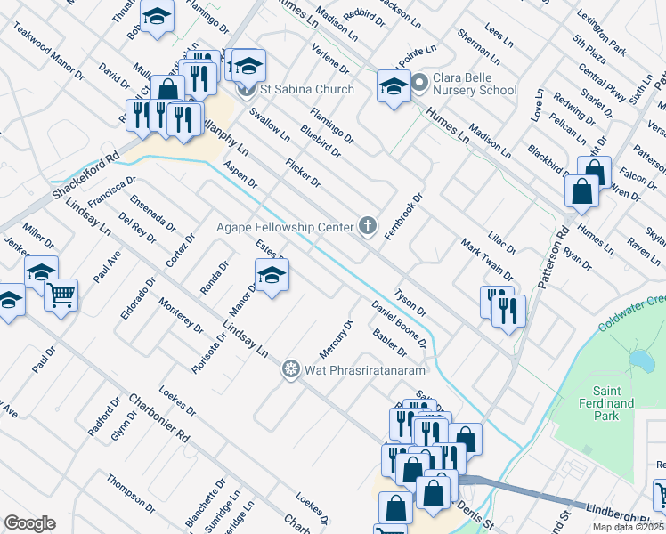 map of restaurants, bars, coffee shops, grocery stores, and more near 1105 Boulder Drive in Florissant