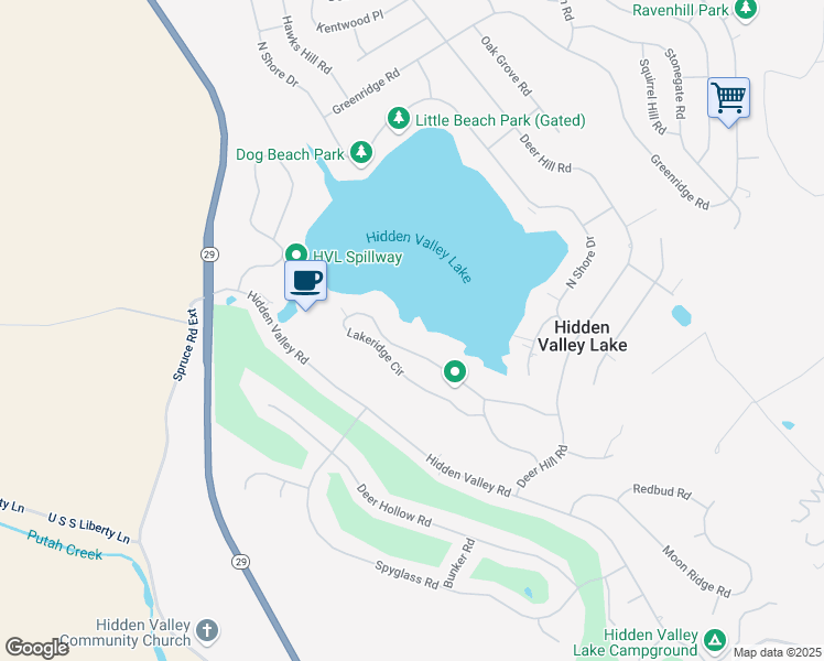 map of restaurants, bars, coffee shops, grocery stores, and more near 18520 Lakeridge Circle in Hidden Valley Lake
