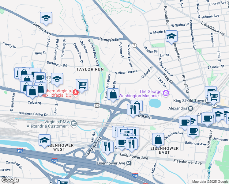 map of restaurants, bars, coffee shops, grocery stores, and more near 139 Moncure Drive in Alexandria