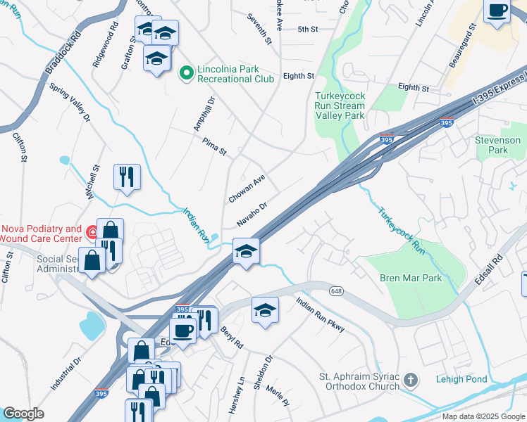 map of restaurants, bars, coffee shops, grocery stores, and more near 5267 Navaho Drive in Alexandria