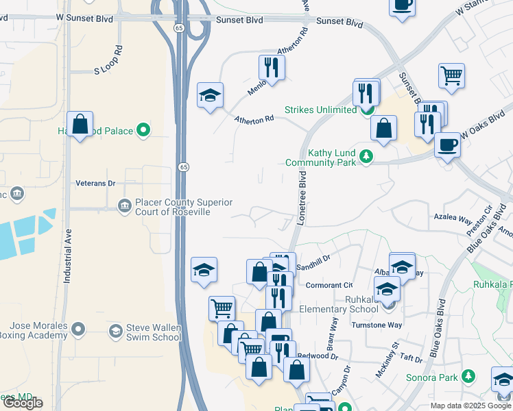 map of restaurants, bars, coffee shops, grocery stores, and more near 6184 Lonetree Boulevard in Rocklin