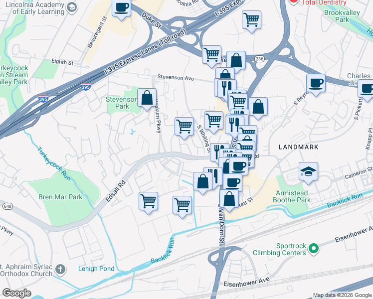 map of restaurants, bars, coffee shops, grocery stores, and more near 5911 Edsall Road in Alexandria