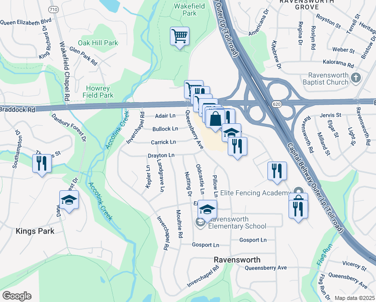 map of restaurants, bars, coffee shops, grocery stores, and more near 8106 Drayton Lane in Springfield