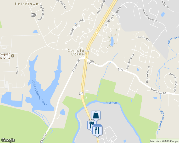 map of restaurants, bars, coffee shops, grocery stores, and more near 7009 Centreville Road in Centreville