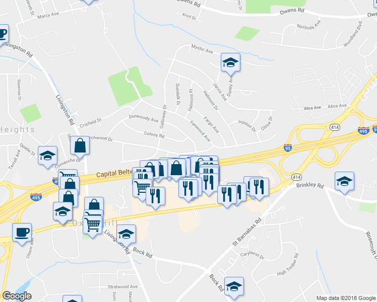 map of restaurants, bars, coffee shops, grocery stores, and more near 1520 Birchwood Drive in Oxon Hill