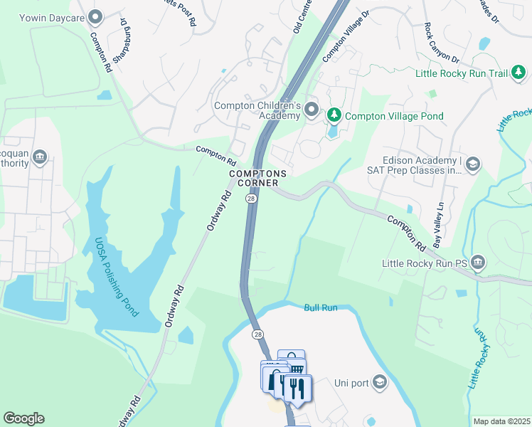 map of restaurants, bars, coffee shops, grocery stores, and more near 7009 Centreville Road in Centreville