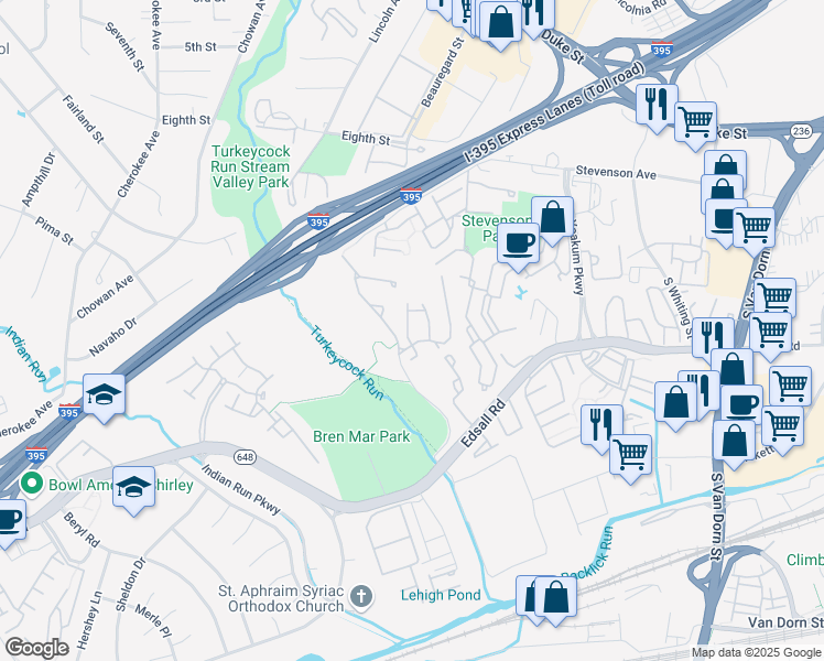 map of restaurants, bars, coffee shops, grocery stores, and more near 5265 Cozy Glen Lane in Alexandria