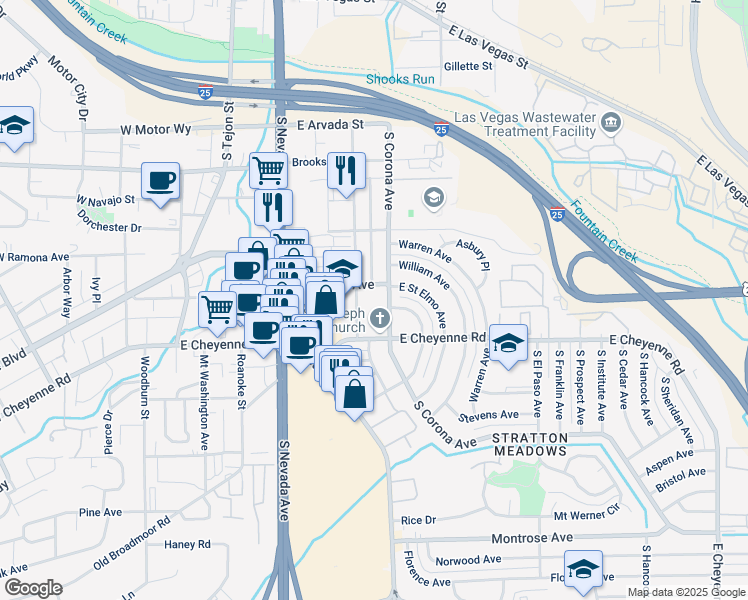 map of restaurants, bars, coffee shops, grocery stores, and more near 405 East Saint Elmo Avenue in Colorado Springs