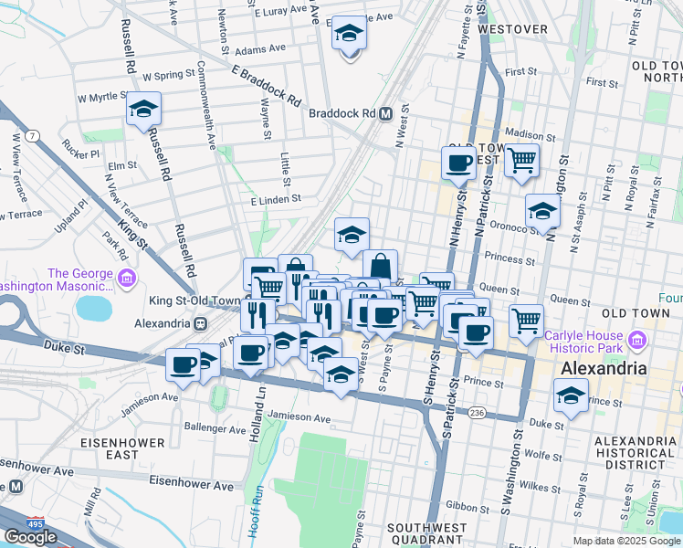 map of restaurants, bars, coffee shops, grocery stores, and more near 1501 Cameron Street in Alexandria