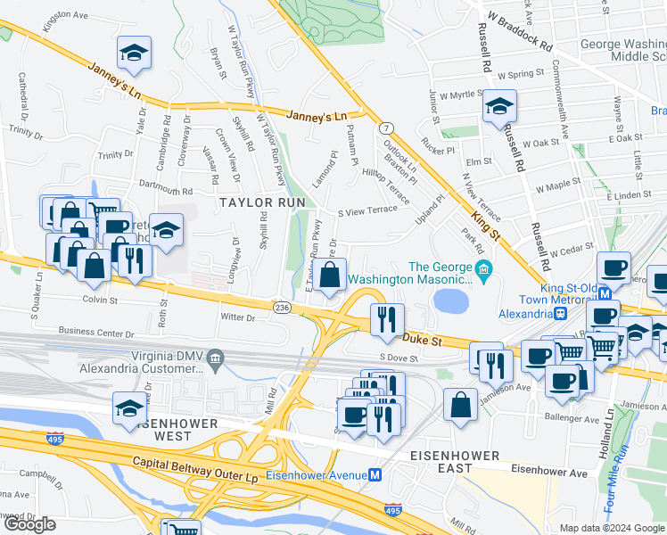 map of restaurants, bars, coffee shops, grocery stores, and more near 139 Moncure Drive in Alexandria
