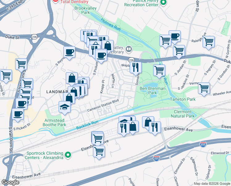 map of restaurants, bars, coffee shops, grocery stores, and more near 5056 Minda Court in Alexandria