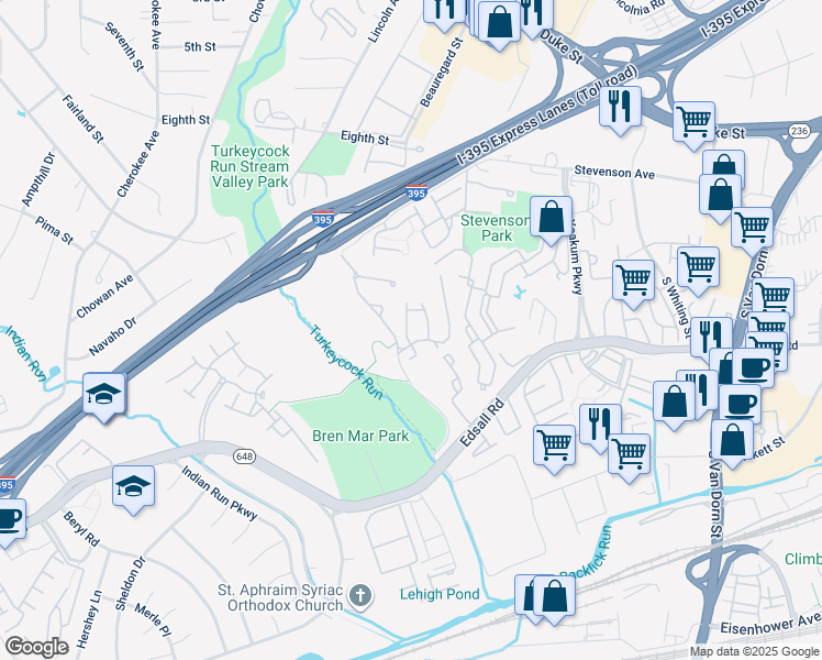 map of restaurants, bars, coffee shops, grocery stores, and more near 5265 Cozy Glen Lane in Alexandria