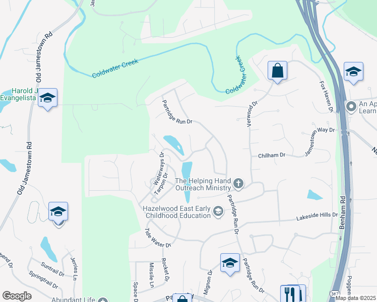 map of restaurants, bars, coffee shops, grocery stores, and more near 14 Waterways Court in Florissant