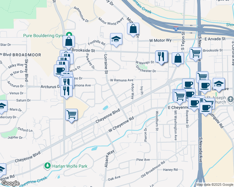 map of restaurants, bars, coffee shops, grocery stores, and more near 1631 Lorraine Street in Colorado Springs