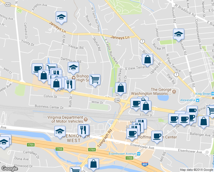 map of restaurants, bars, coffee shops, grocery stores, and more near 50 West Taylor Run Parkway in Alexandria