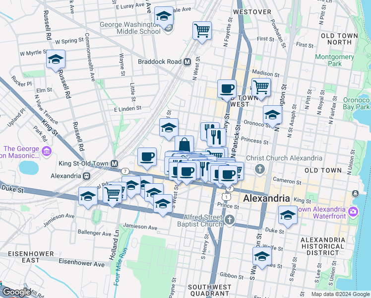 map of restaurants, bars, coffee shops, grocery stores, and more near 237 North West Street in Alexandria