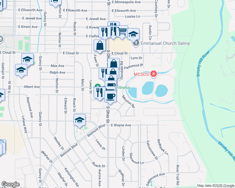 map of restaurants, bars, coffee shops, grocery stores, and more near 2019 Glendale Road in Salina