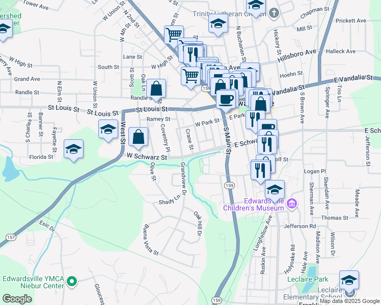 map of restaurants, bars, coffee shops, grocery stores, and more near 3 West Schwarz Street in Edwardsville