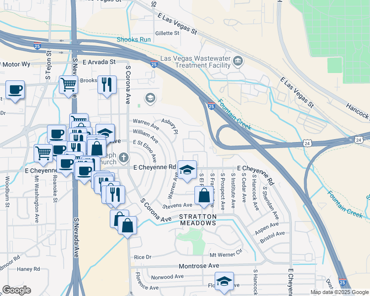 map of restaurants, bars, coffee shops, grocery stores, and more near 1695 Lenmar Drive in Colorado Springs