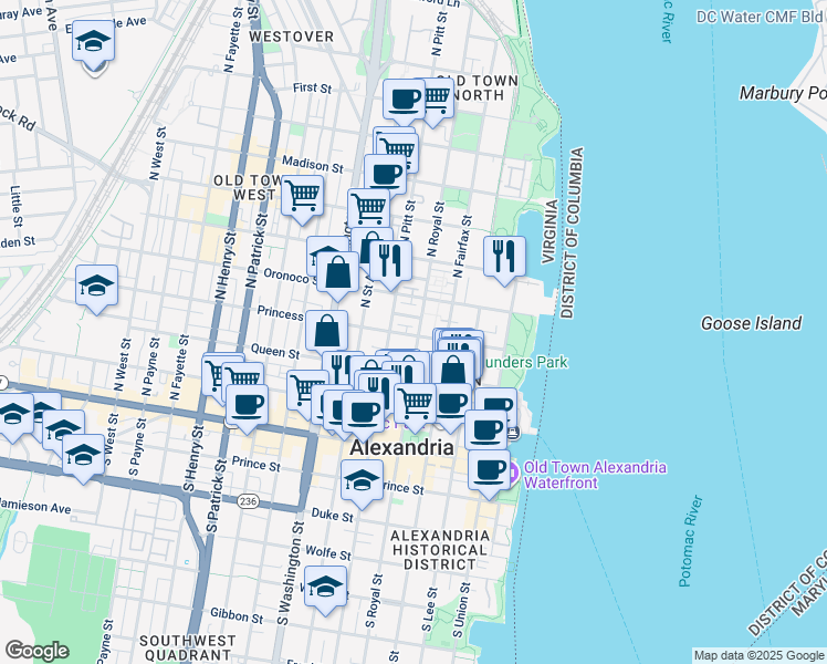 map of restaurants, bars, coffee shops, grocery stores, and more near 403 Princess Street in Alexandria