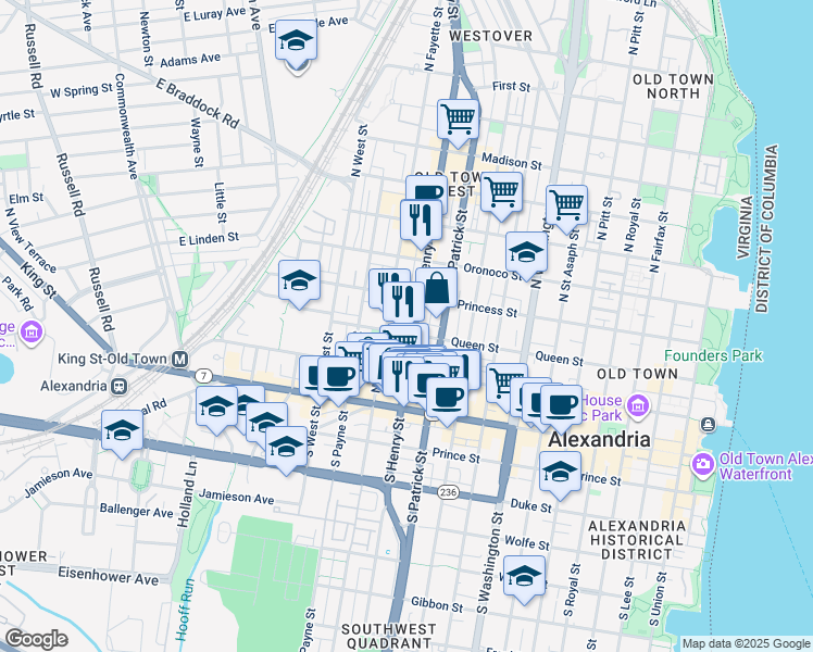 map of restaurants, bars, coffee shops, grocery stores, and more near 1107 Queen Street in Alexandria