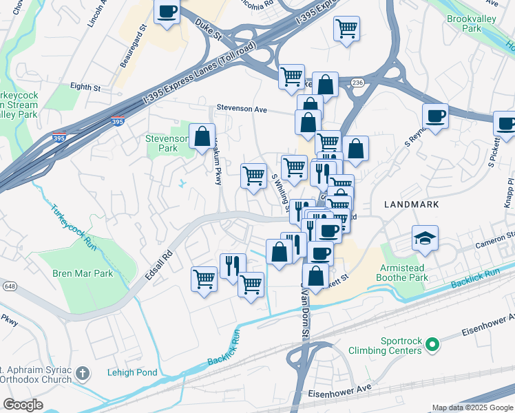 map of restaurants, bars, coffee shops, grocery stores, and more near 5911 Edsall Road in Alexandria