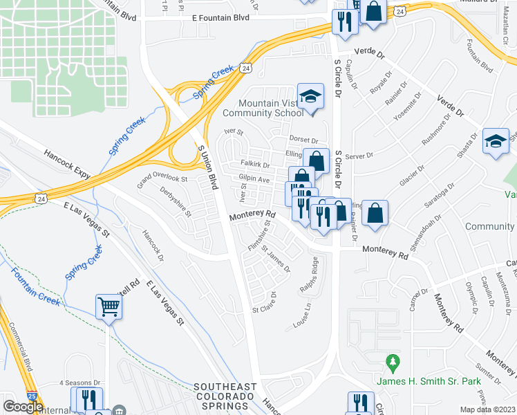 map of restaurants, bars, coffee shops, grocery stores, and more near 1536 Monterey Road in Colorado Springs