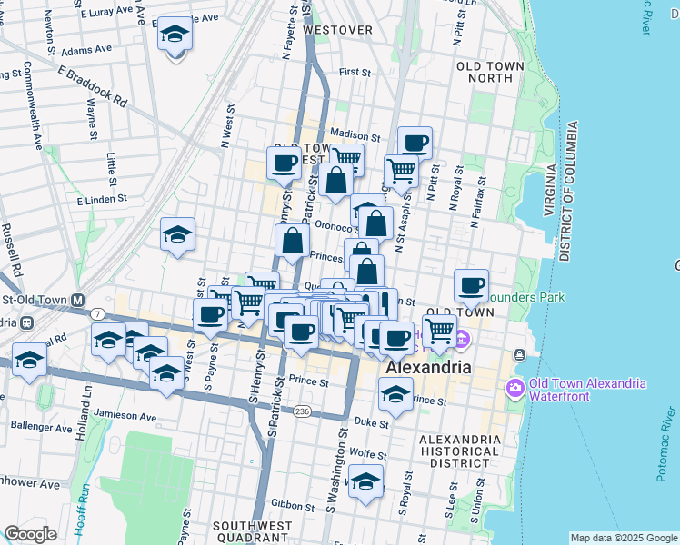 map of restaurants, bars, coffee shops, grocery stores, and more near 322 North Columbus Street in Alexandria