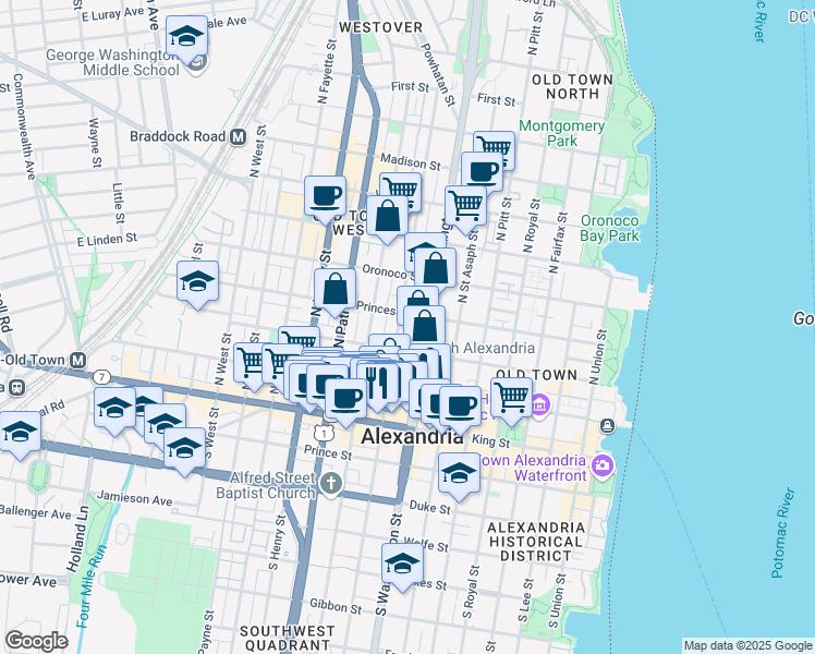 map of restaurants, bars, coffee shops, grocery stores, and more near 319 North Columbus Street in Alexandria