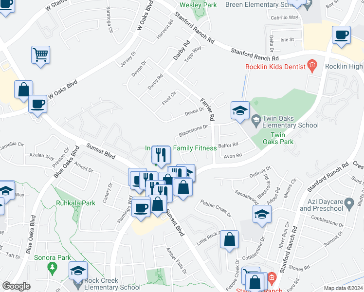 map of restaurants, bars, coffee shops, grocery stores, and more near 5941 Blackstone Drive in Rocklin