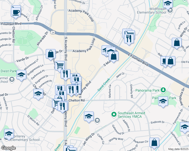 map of restaurants, bars, coffee shops, grocery stores, and more near 1628 South Murray Boulevard in Colorado Springs