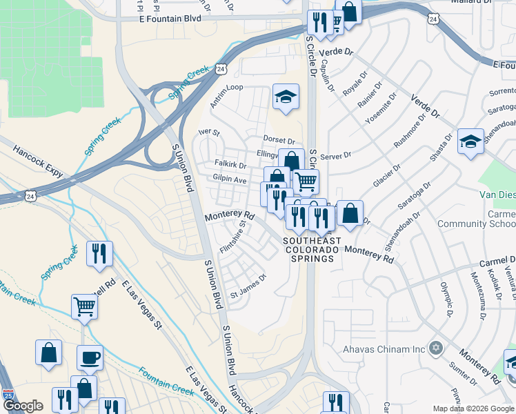 map of restaurants, bars, coffee shops, grocery stores, and more near 1578 Monterey Road in Colorado Springs