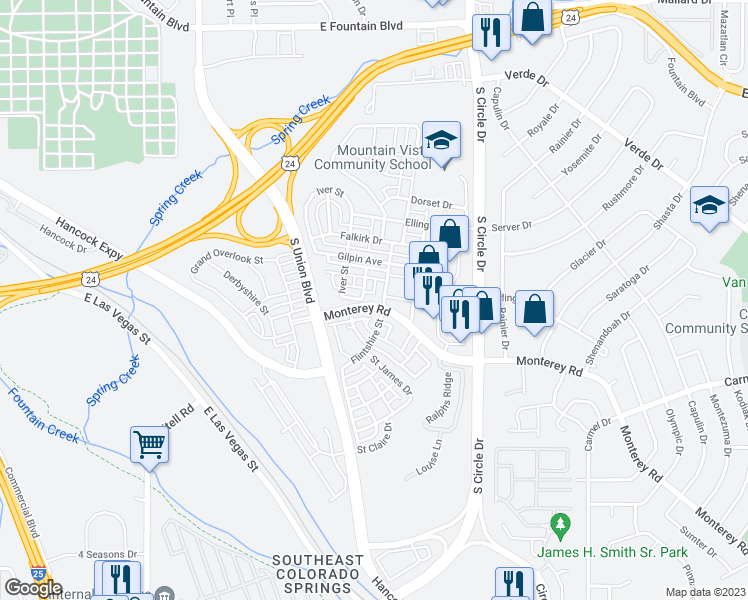 map of restaurants, bars, coffee shops, grocery stores, and more near 1578 Monterey Road in Colorado Springs