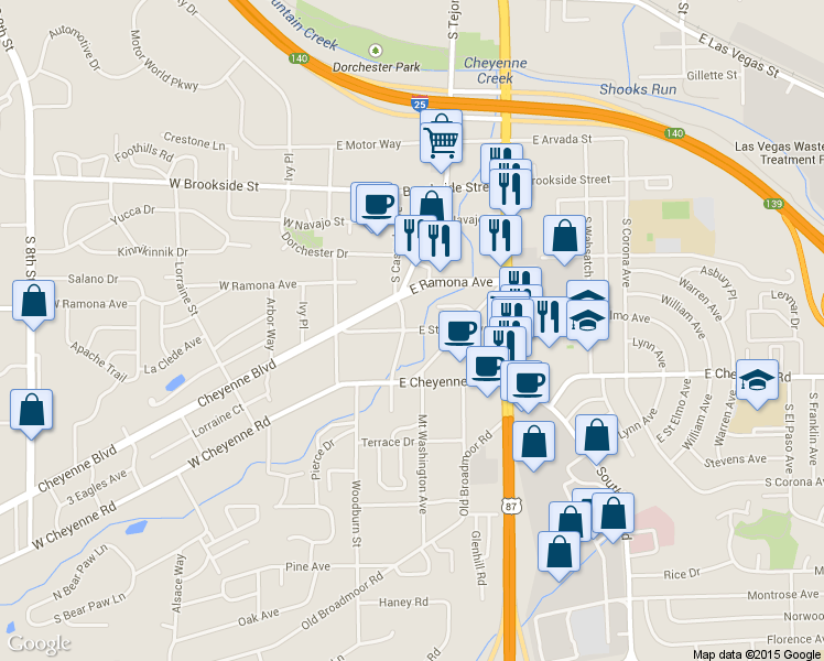 map of restaurants, bars, coffee shops, grocery stores, and more near 1801 South Cascade Avenue in Colorado Springs