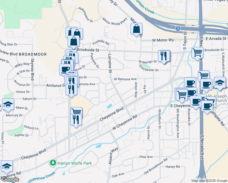 map of restaurants, bars, coffee shops, grocery stores, and more near 312 La Clede Avenue in Colorado Springs