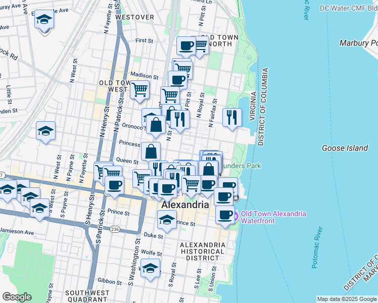 map of restaurants, bars, coffee shops, grocery stores, and more near 407 Princess Street in Alexandria