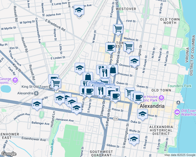 map of restaurants, bars, coffee shops, grocery stores, and more near 1209 Queen Street in Alexandria