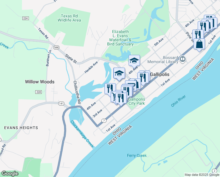 map of restaurants, bars, coffee shops, grocery stores, and more near 83 Court Street in Gallipolis