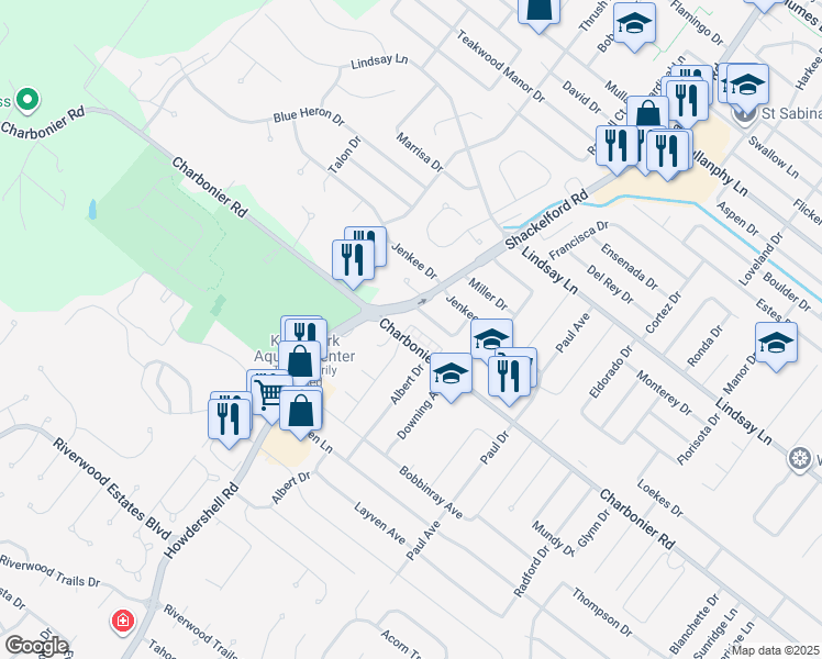 map of restaurants, bars, coffee shops, grocery stores, and more near 1955 Charbonier Road in Florissant