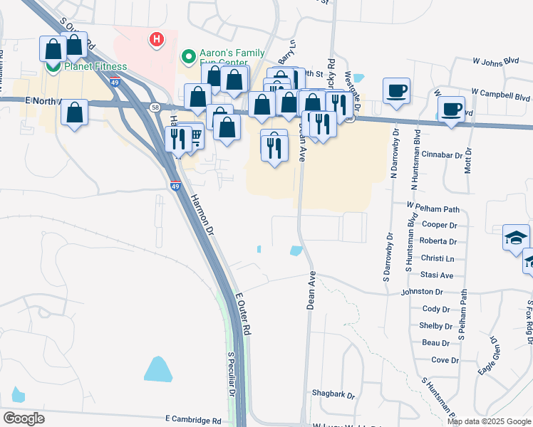 map of restaurants, bars, coffee shops, grocery stores, and more near 123 Barberry Lane in Raymore