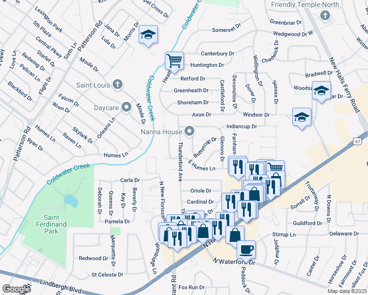 map of restaurants, bars, coffee shops, grocery stores, and more near 2224 Thunderbird Avenue in Florissant