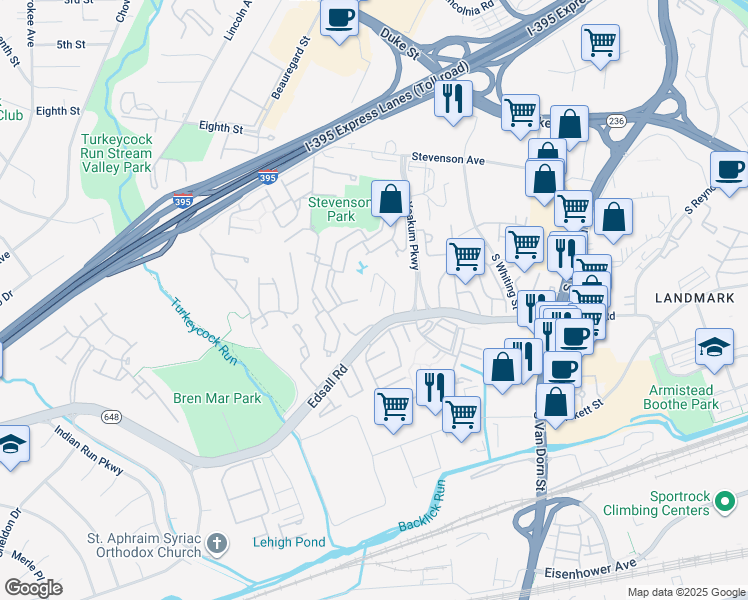 map of restaurants, bars, coffee shops, grocery stores, and more near 6155 Edsall Road in Alexandria