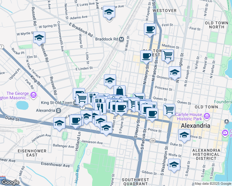 map of restaurants, bars, coffee shops, grocery stores, and more near 1501 Cameron Street in Alexandria