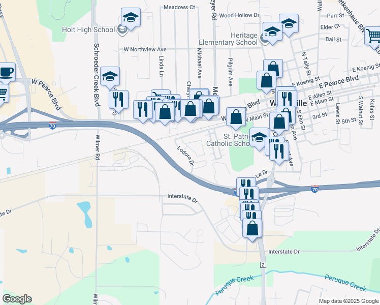 map of restaurants, bars, coffee shops, grocery stores, and more near 600 West Main Street in Wentzville