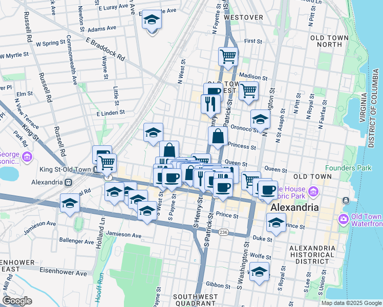 map of restaurants, bars, coffee shops, grocery stores, and more near 300 North Fayette Street in Alexandria